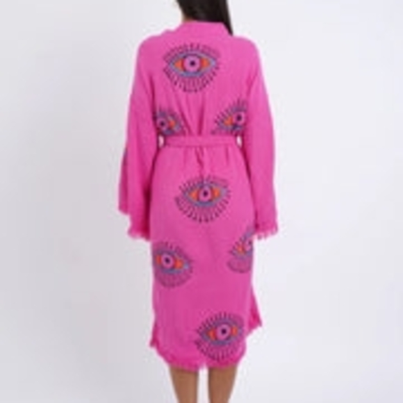 Cotton Turkish Robe - Pink - Handmade In Turkey - Evil Eye Pattern - Picture 2 of 3